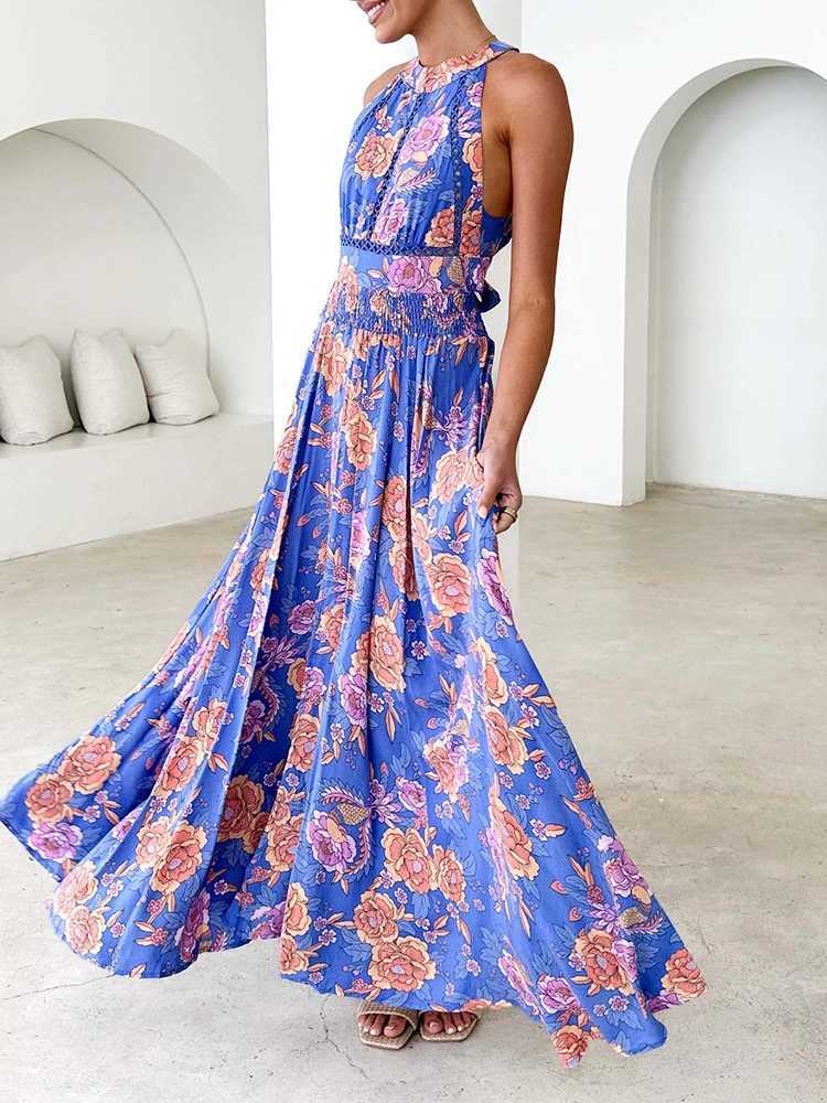 Summer New Pleated Long Dresses Fashion Pattern Printed Sleeveless Swing Beach Dress Female O-neck High Waisted Bohemian Dress M260304