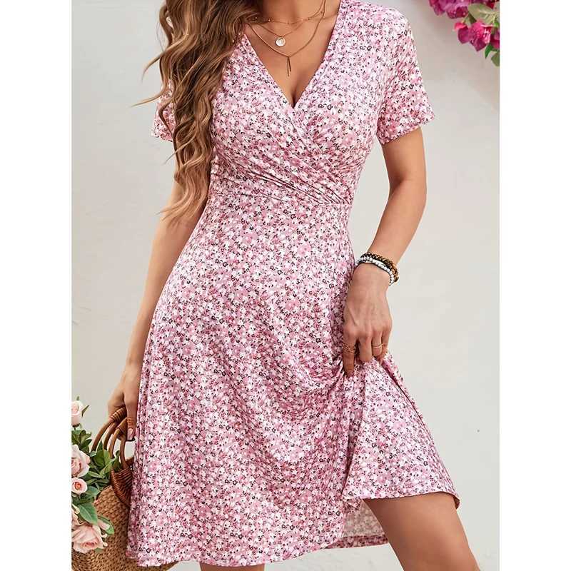 Floral Print Mini Dress Short Sleeve Midi Skirt Womens Fashion Spring Summer V Neck Polyester Fiber Regular Waistline Dress M260304