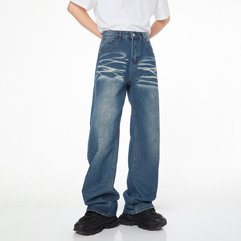 High Street Hip-hop Designer Pants Straight Casual Pants Versatile American Retro Washed Whiskered Drapey Wide-leg Jeans
