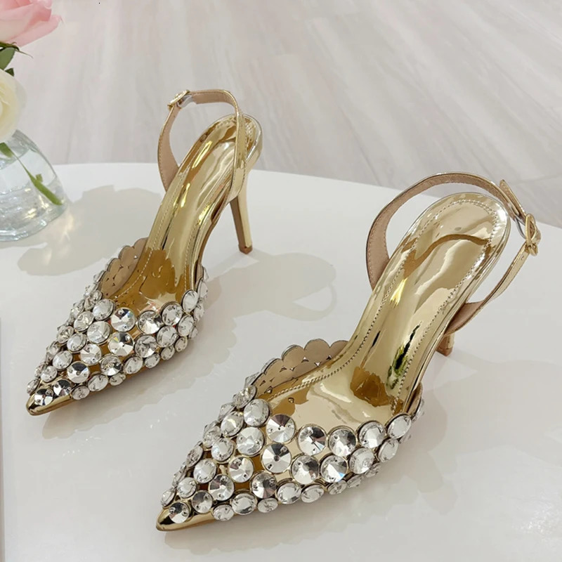 Liyke Elegant Pointed Toe Slingback Stiletto Sandals Crystal Diamonds Women Pumps High Heels Wedding Prom Shoes Zapatos Mujer 260306