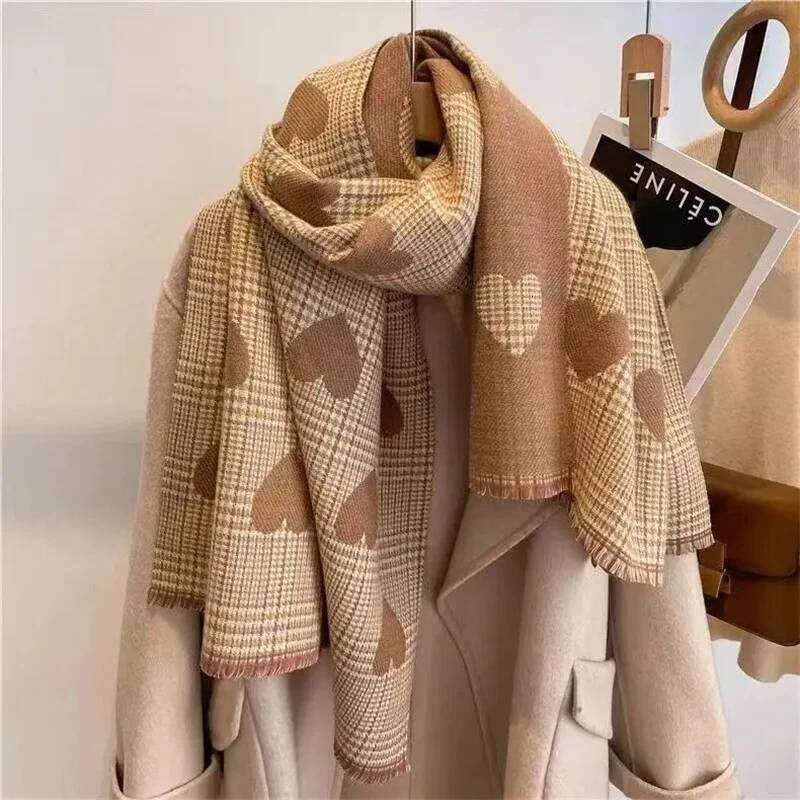 2024 New Double Side Cashmere Winter Women's Love Heart Plaid Ladies Long Thickened Warm Knitted Scarf Hijab Stole XJ260304