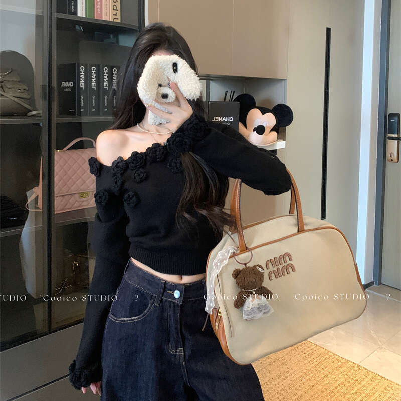 New Design: Three-Dimensional Floral Off-Shoulder Elegant Long-Sleeve Knit Sweater Women Slim-Fit Versatile Top For Autumn Luanyun