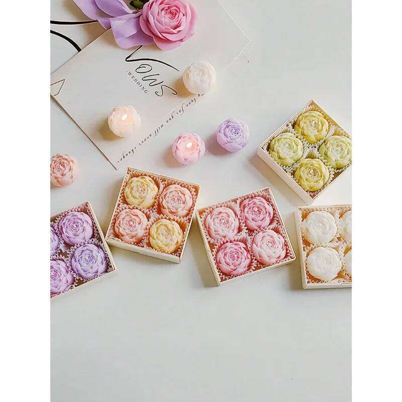 Set of 4 Pink Flower Shaped Soy Wax Gift Box Handmade Smokeless Decorative Candles for Home Decoration Birthday Wedding Gifts W260304