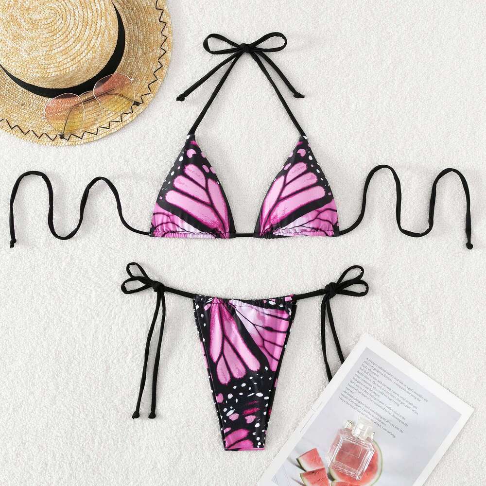 Sexy women butterfly print halter string micro bikini sets two pieces swimsuit Swimwear bathing suit beach outfits biquini Y260303