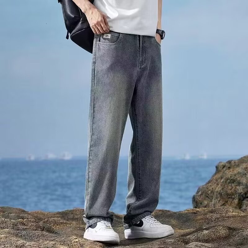 Straight-leg Denim Durable Regular Fit Light Blue Starry Sky Pattern Wide-leg Jeans For Men Designer Pants Youth Trend Spring And Autumn