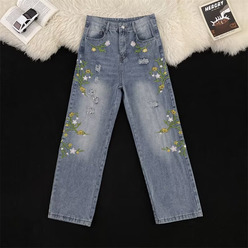 Embroidered Denim Trousers New Spring And Autumn High-waisted Versatile Designer Pants Slim-fit Stretchy Rhinestone Straight Pants