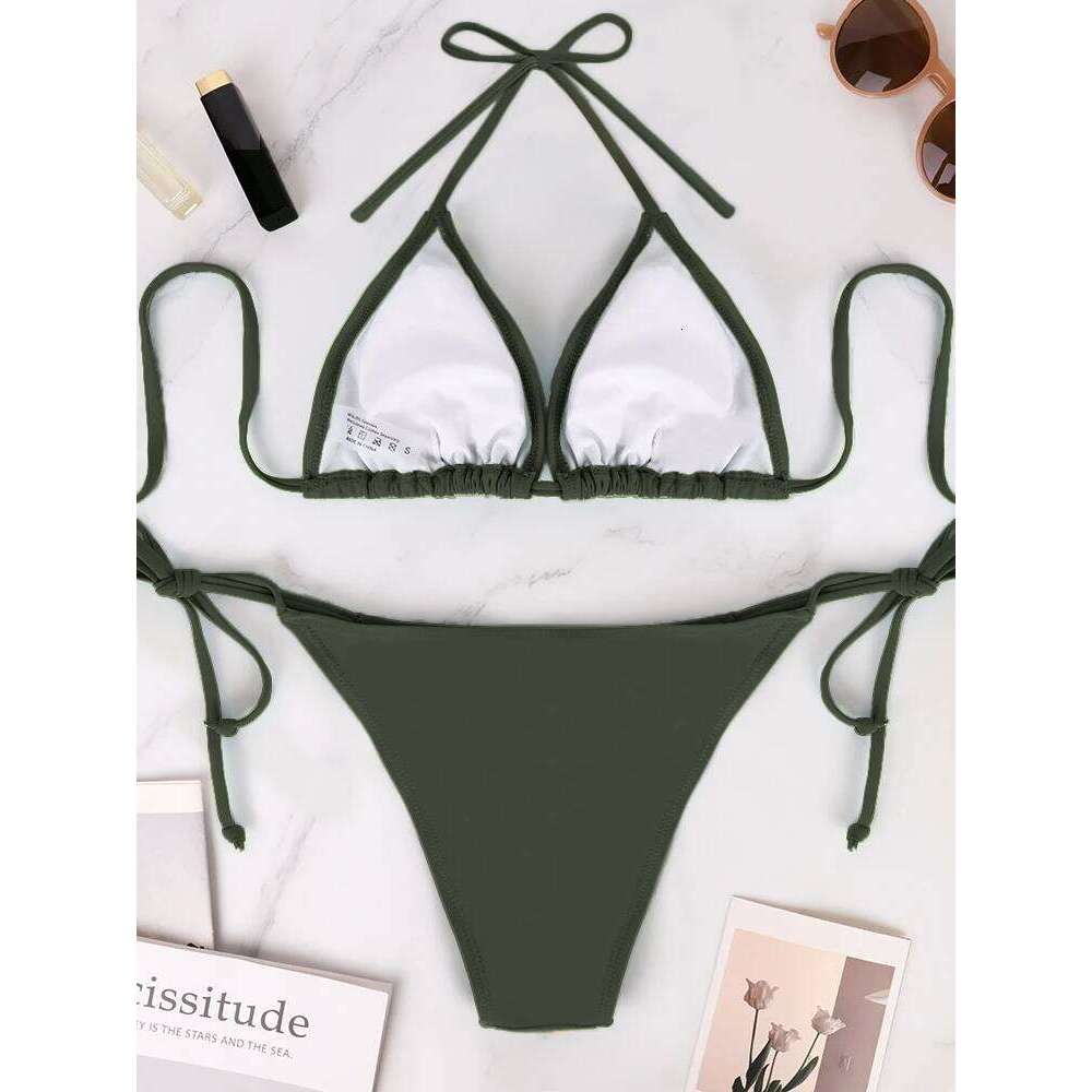 2 Pcs/Set Women's Simple and Sexy Bikini Summer Solid Color Bareback Strap Side Bandage Thong Lady's Swimsuit Set Y260303