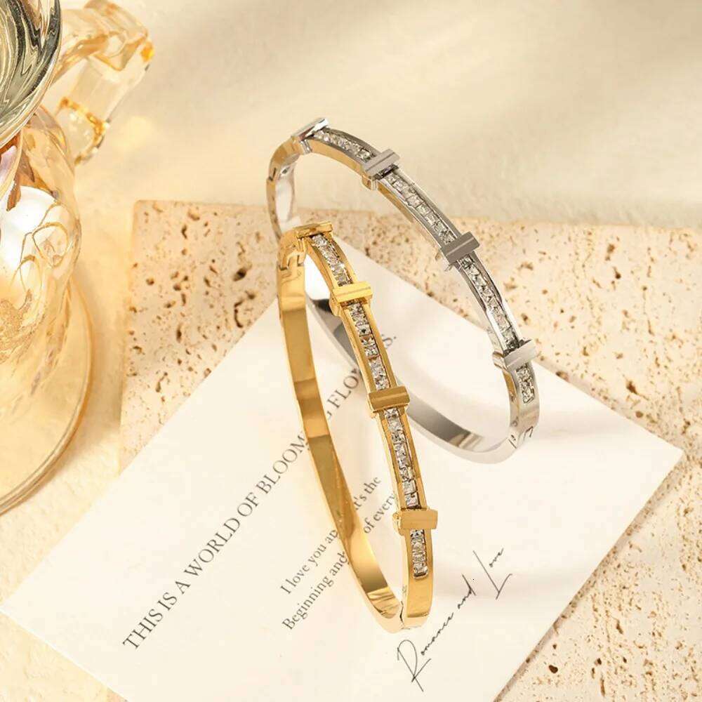 Personalized Design Stainless Steel Zircon Inlay Geometry Double Layer Opening Bracelet for Women Luxury Fashion Jewelry Gift XJ260303
