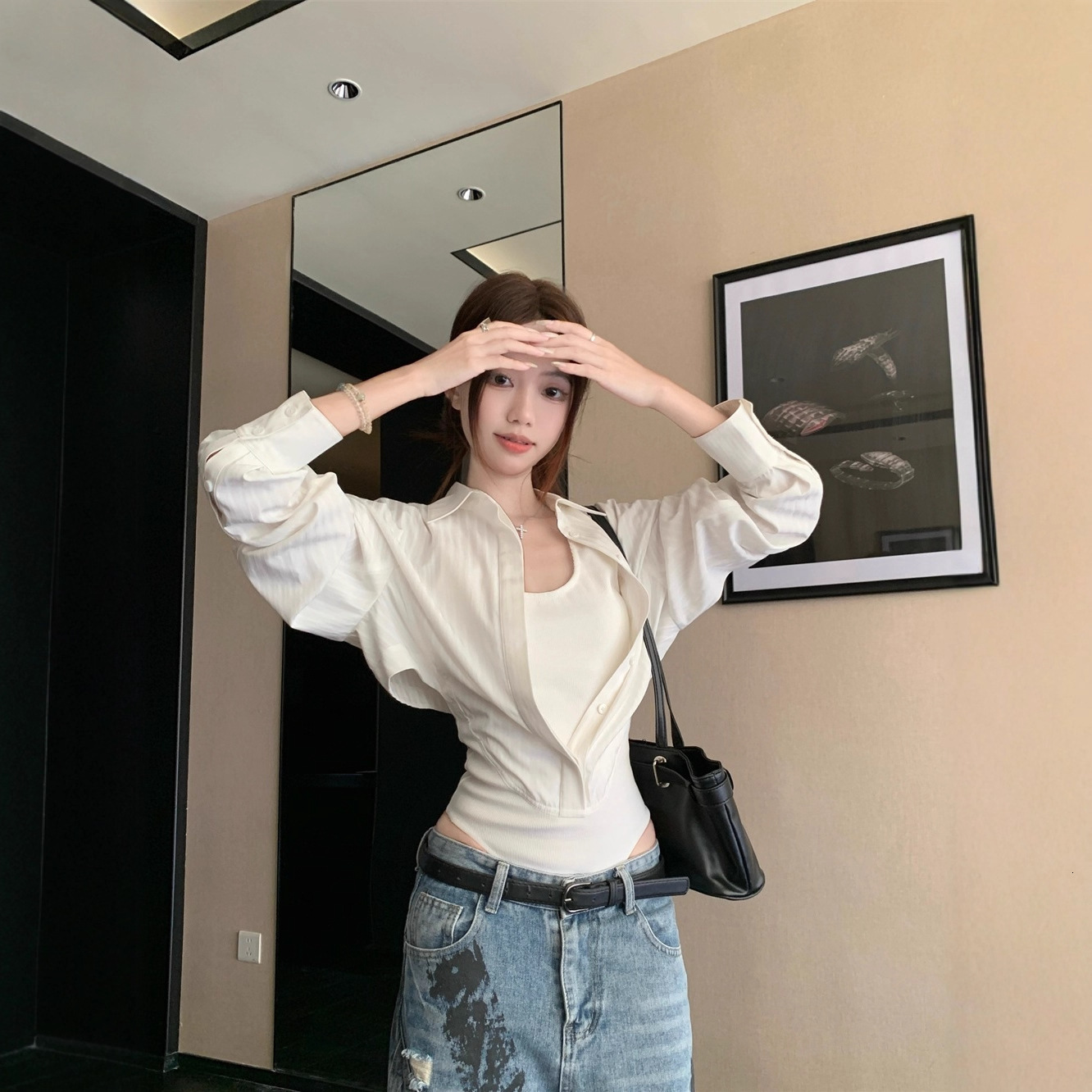 Designer Shirt Look Polo Collar Long-sleeve Shirt For Women Early Autumn Slim-fit Waist-cinching Blouse White Top Pure Designer Hoodie Polo Shirt Desire Jumpsuit