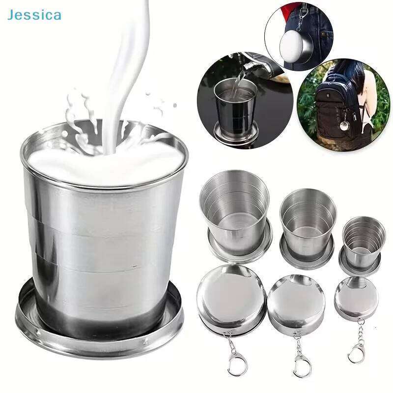 Collapsible Stainless Steel Shot Glass - Foldable Pocket with Keychain, Portable Drinking Cup for Travel/Outdoor S260303