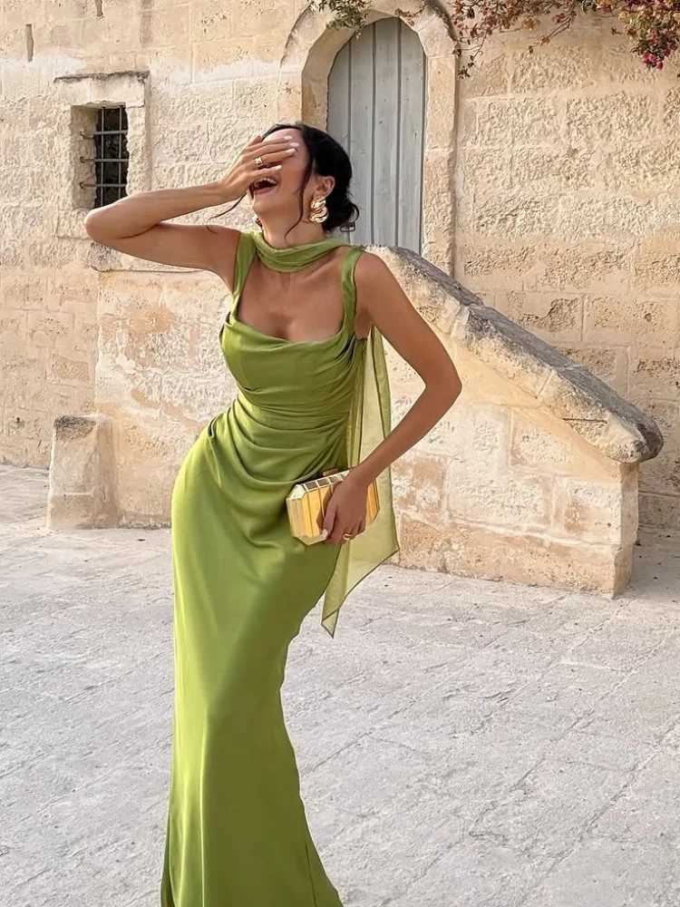 Sexy Solid Ribbon Evening Dress Fashion Sleeveless Square Collar Lace Up Backless Slim Maxi Dresses Lady Summer Dinner Party New M260304