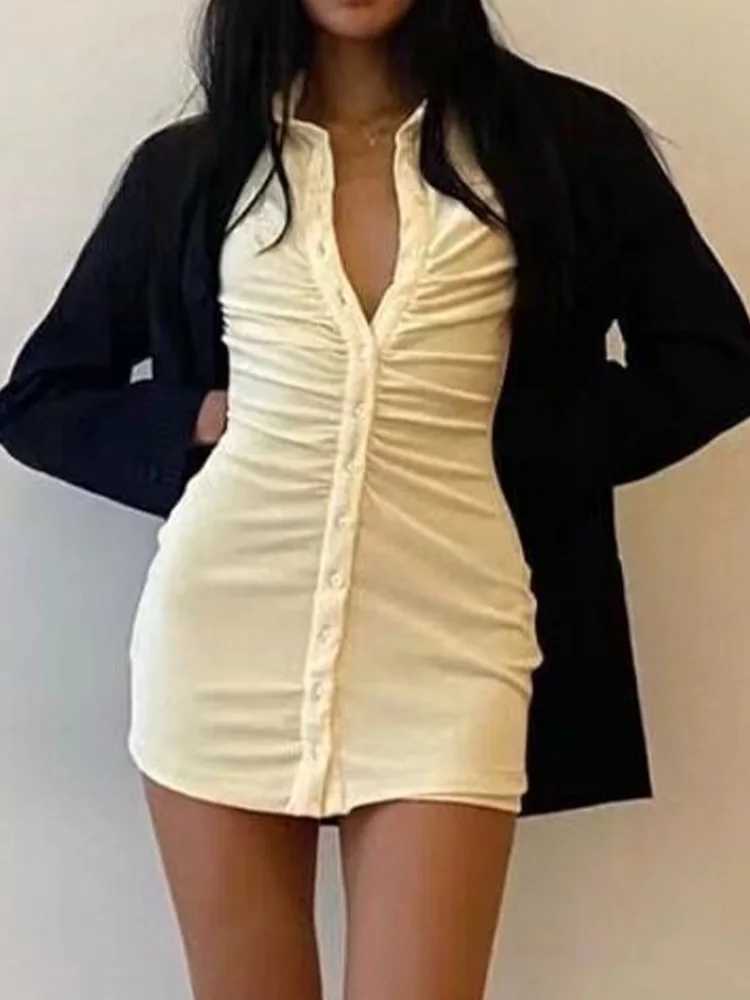 SLTNX Pleated Bodycon Mini Dresses Summer Short Sleeve Lapel Button-up Short Dress Casual Streetwear Elegant Party M260304