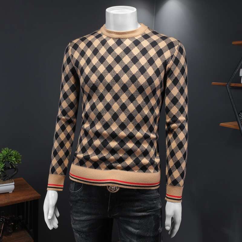 American European Autumn And Winter New Men's Sweater Knitted Pullover With Round Neck Plaid Slim Fit Plus Size Light Luxury Knitwear Luanyun
