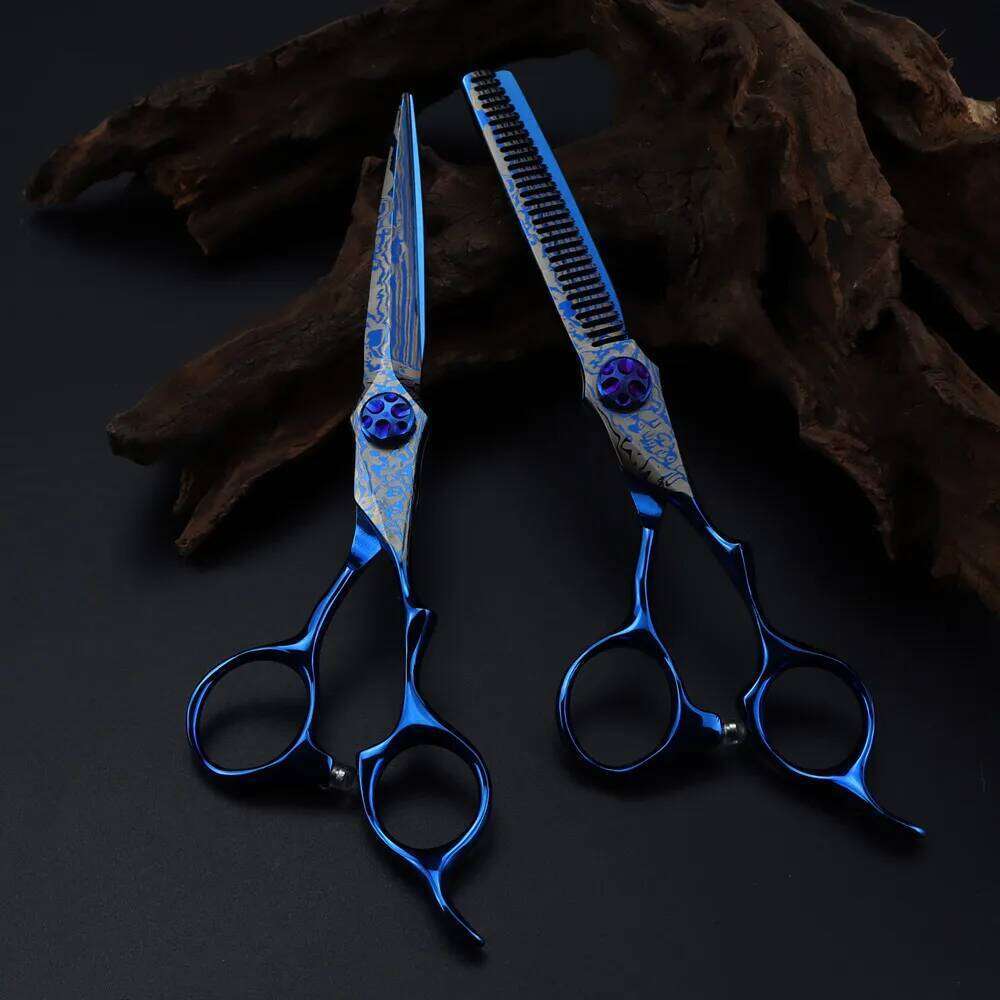 Professional 6 '' Blue Damascus hair cutting Gem screw haircut thinning barber tools steel shears Hairdressing scissors H260303