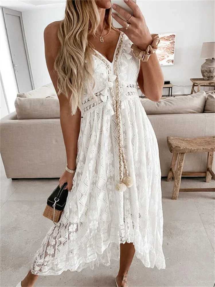 2026 Fashion Women Lace White Long Dress Sleeveless V Neck Flowy Ruffle Dress Summer Bohemian Retro Sexy Beach Holiday Dresses M260304