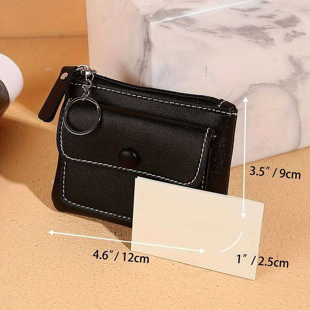 Black Fashionable Ladies' Zipper Short Wallet, Solid Color Card Pocket, Key Case, Coin Purse, 1 Piece C260304