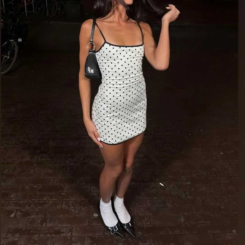 Summer Women Elegant Sleeveless Y2k Polka Dot Print Short Slip Dress Backless Contrasting Trim Bodycon Mini Dresses M260304