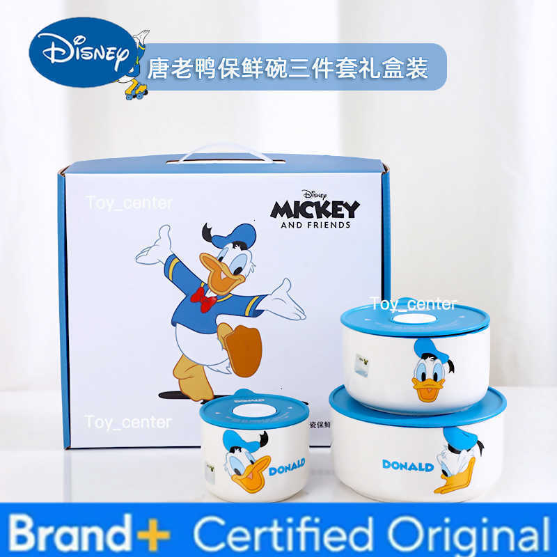 Disney Anime Mickey Mouse Minnie Cartoon Tableware Ceramic Bowl With Lid Microwave Oven Soup Bowl 3pcs Student Thicken Lunch Box H260304