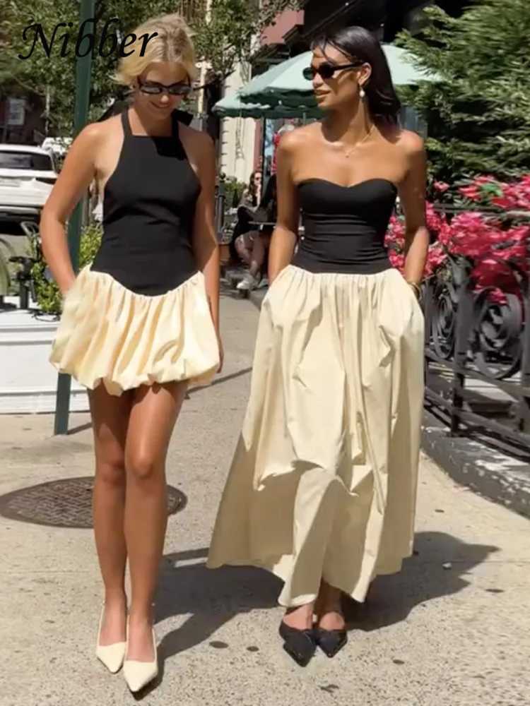 Nibber Halter Backless Dress Women Bandage Knot Ballet style Sleeveless Contrast Patchwork Trend Elastic Streetwear Mini Bodycon M260304