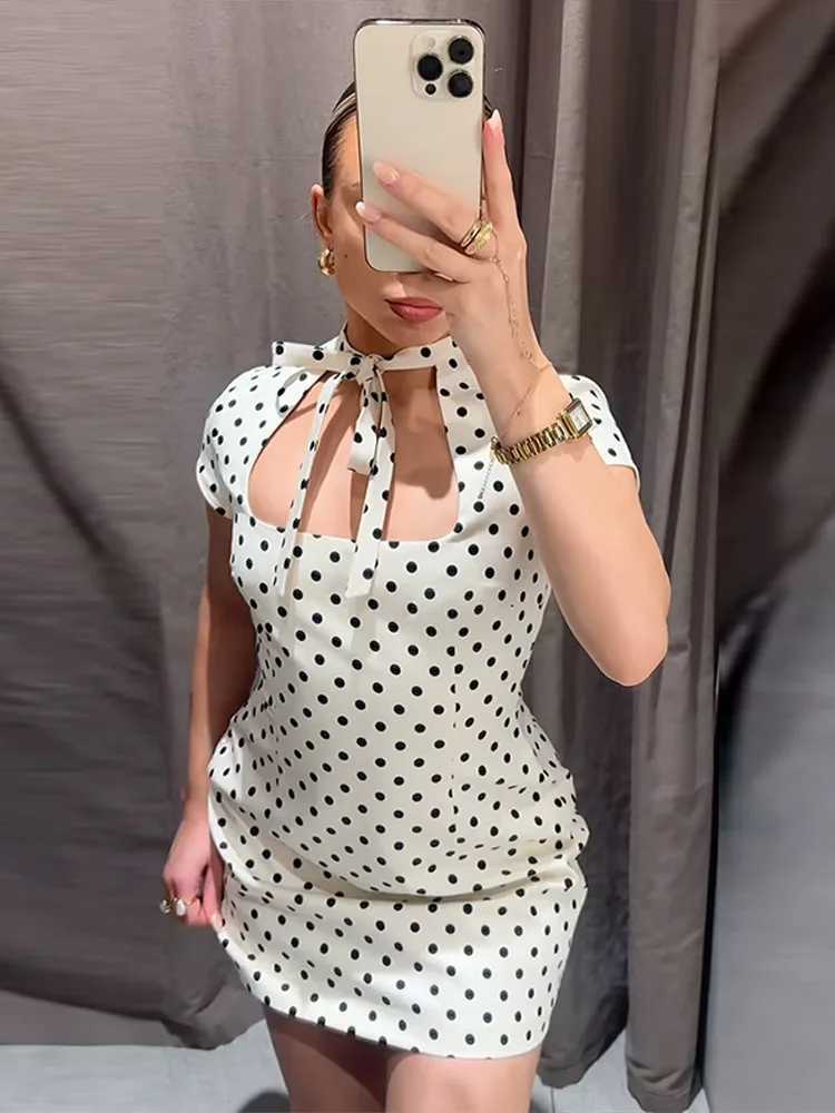 Fashion Polka Dot Mini Dress For Women 2026 Spring Summer Short Sleeve Lace Up Collar Party Dress Lady Bodycon Evening Vestidos M260304
