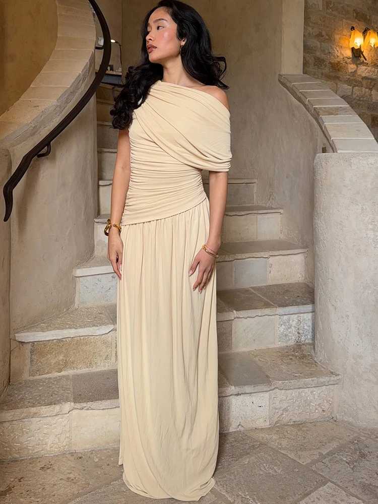 Nibber Patchwork Dress Women Inclined Shoulder Y2K Sexy Irregular Ruched Stretch Summer Temperament Classic Vestidos Clubwear M260304