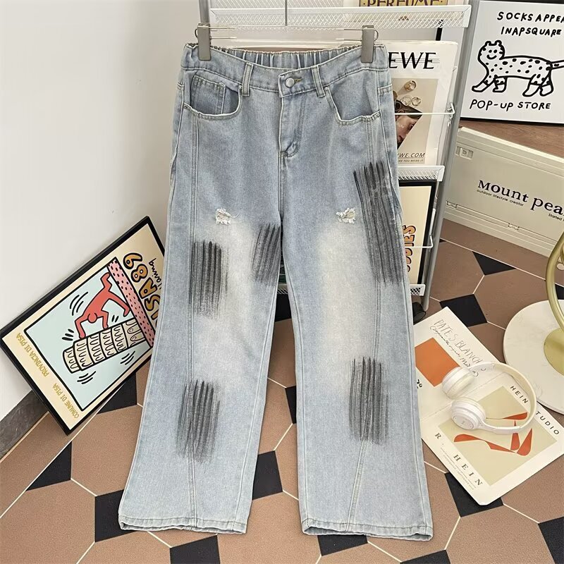 Boyu Washed Distressed Blackened Jeans With A Unique Design Vintage Graffiti Curved Hem And Wide-leg Long Pants Designer Pants For Men