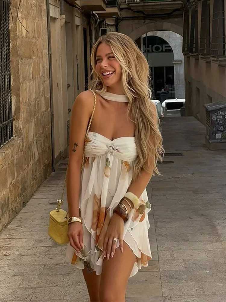 Sexy Ruffle Printed Backless Mini Dresses Lady Chic Sleeveless Off Shouder Pleated Short Vestido 2025 Summer Party Beach Robe M260304