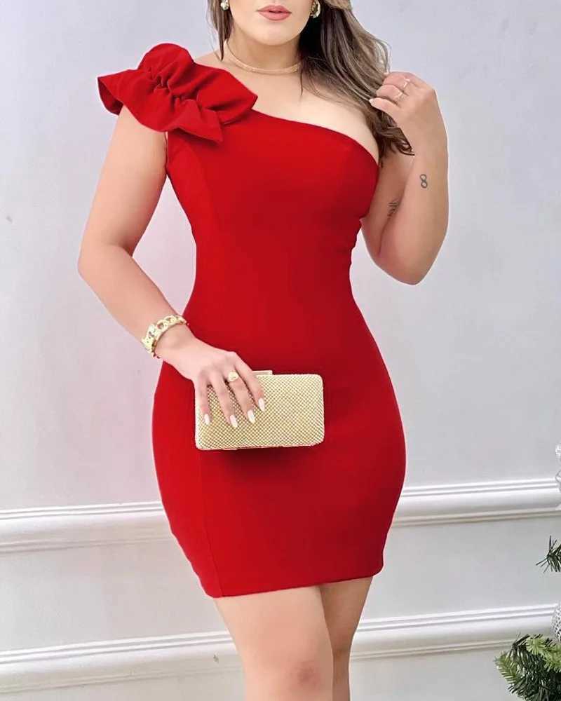 Summer Fashion Red Appliques Women Mini Party Dress Bodycon Elegant Ruffle Sexy One Shoulder Birthday Evening Club Outfits M260304