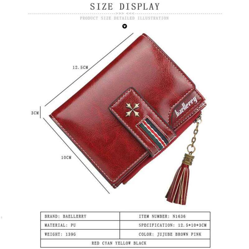 New Pu WOMEN'S wallet with oil wax leather tassels, fashionable three-fold short wallet, multi-slot zipper coin purse C260304