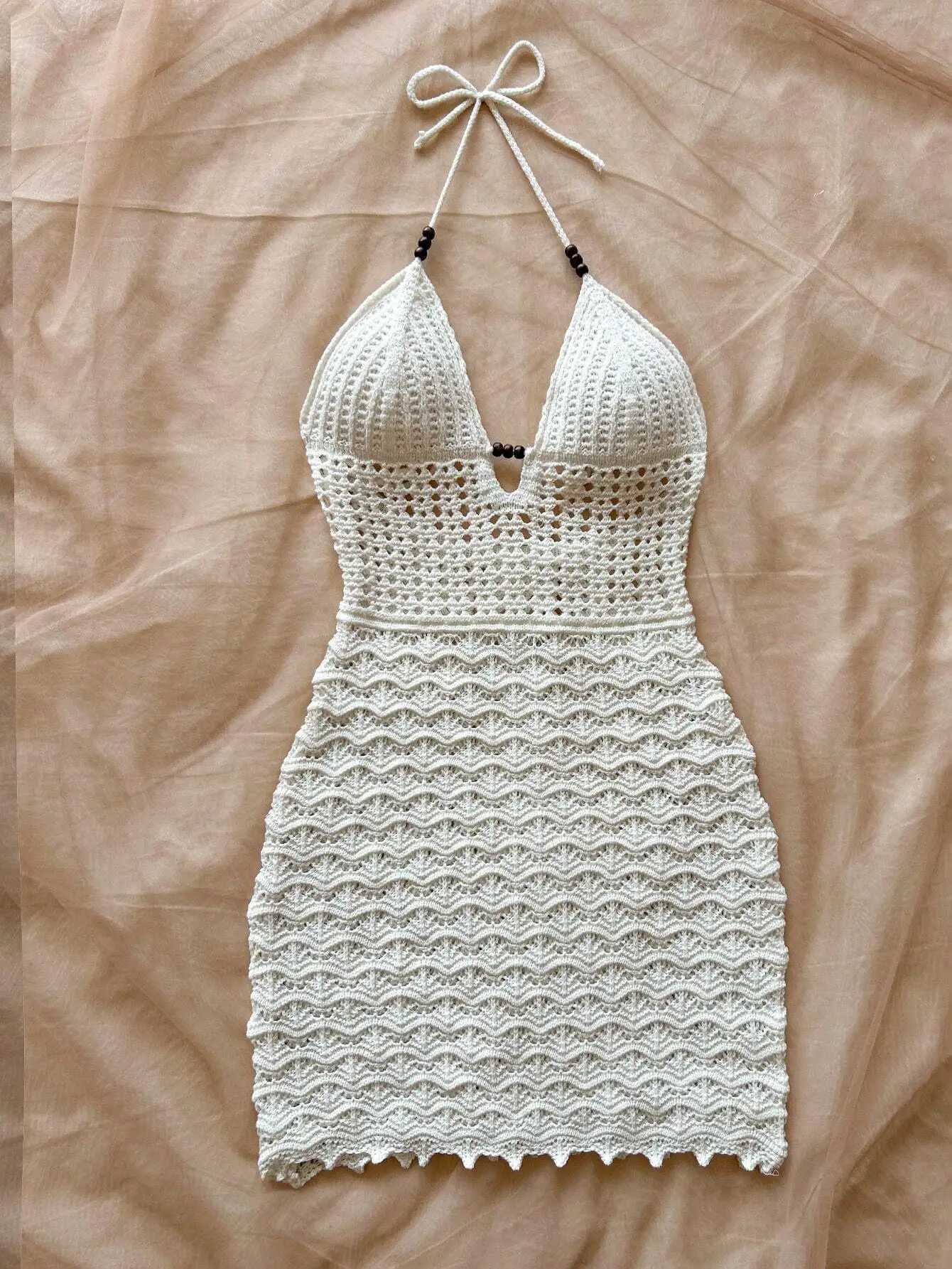 Summer sexy V-neck hollowed out wooden bead slim fit dress with vacation straps and strapless gradient color knitted dress M260304