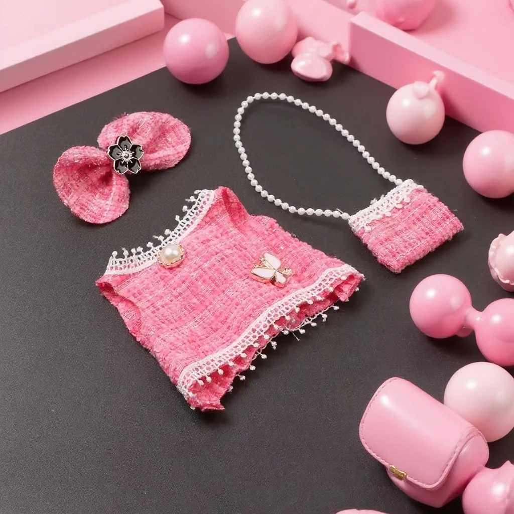 Pink Tweed Dress Set with 3D Flower & Pearl Chain for 17cm Labubu Dolls Luxury Outfit Accessories Girl GiftT260304