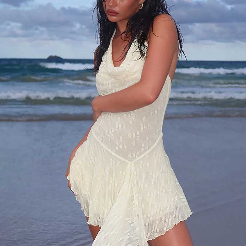 Lady Solid Backless Slim Vacation Dress Fashion Irregular Halter Ruffles Beach Dress Summer Sleeveless Off Shoulder Party Dress a13 M260304