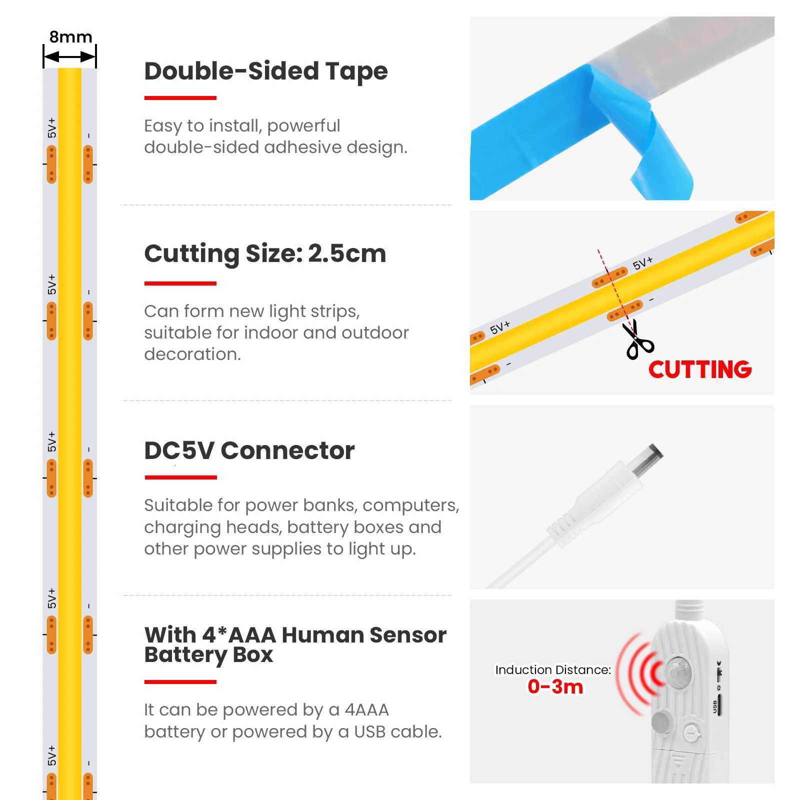 8MM COB Led Strip 5V with Motion Sensor Battery Powered 320LEDs/M Led Induction Night Light Warm White Red Ice Blue Green Yellow H260304