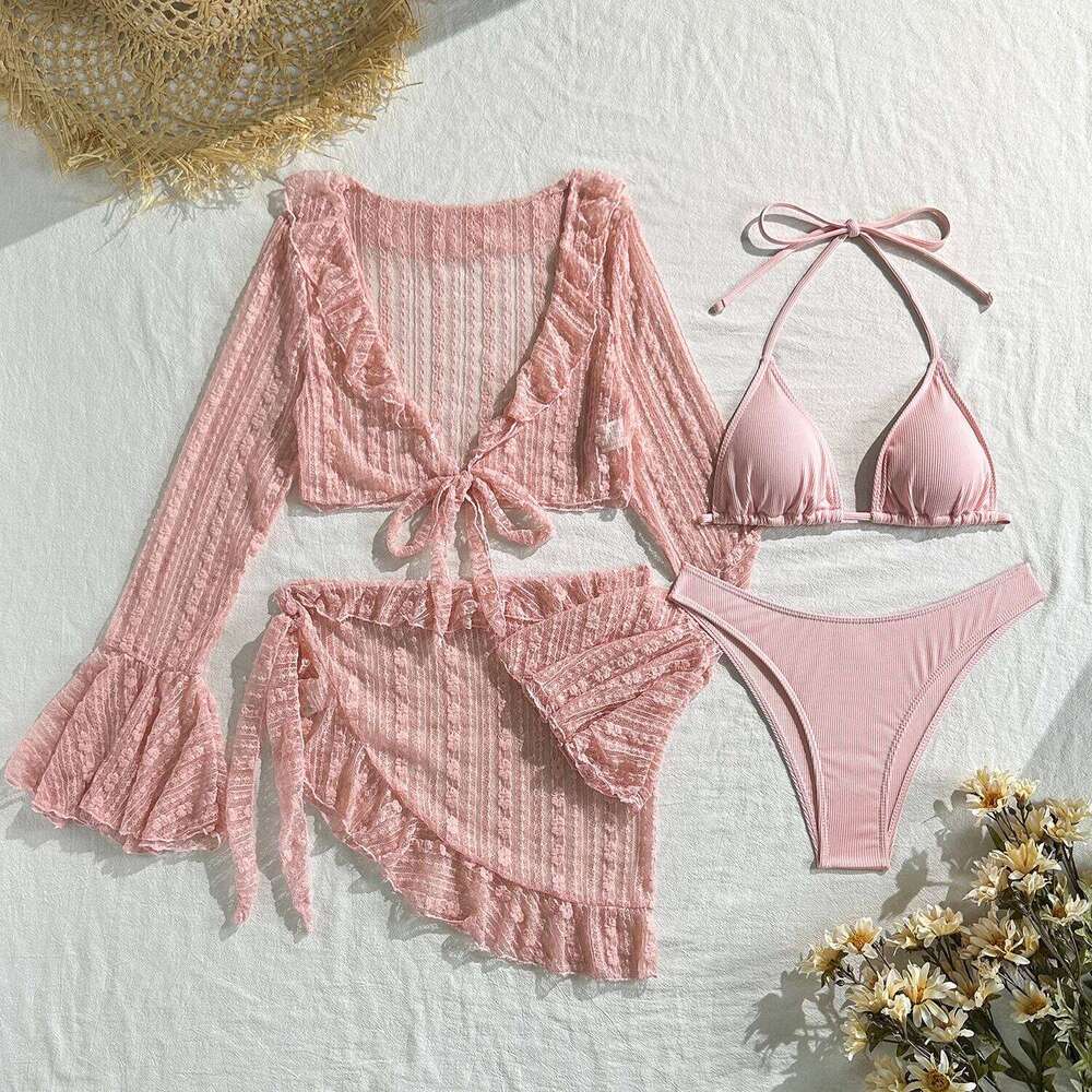 2025 new lace mesh four-piece split bikini swimsuit Y260303