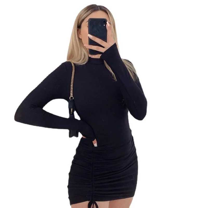 Women Black Bodycon Sexy Club Ruched Drawstring Mini Dresses Female Long Sleeve Slim Fit Party Short Vestidos 2024 M260304