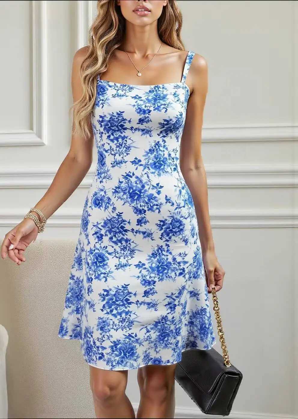 Mini Dress Spring Summer Women White Blue Floral Print Spaghetti Strap Square Neck Bodycon Sexy Party Date Dress M260304