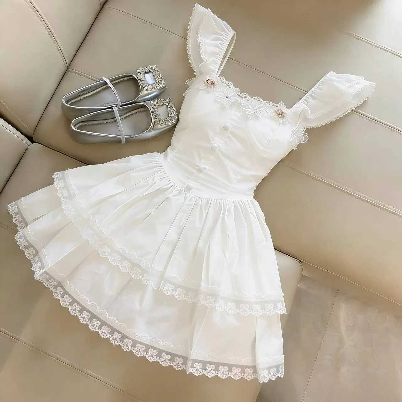 Sweet Princess Dress Woman French Lace Sim Fairy Dress Harajuku Gyaru Elegant Chic Ball Gown Summer Kawaii 90s Sexy Fashion M260304