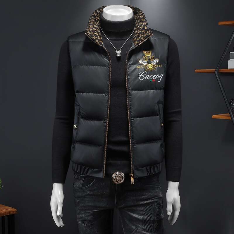 American European Style Winter New Men's High-Quality 90% White Duck Down Vest Large Size Embroidered Stand-Up Collar Jacket Luanyun