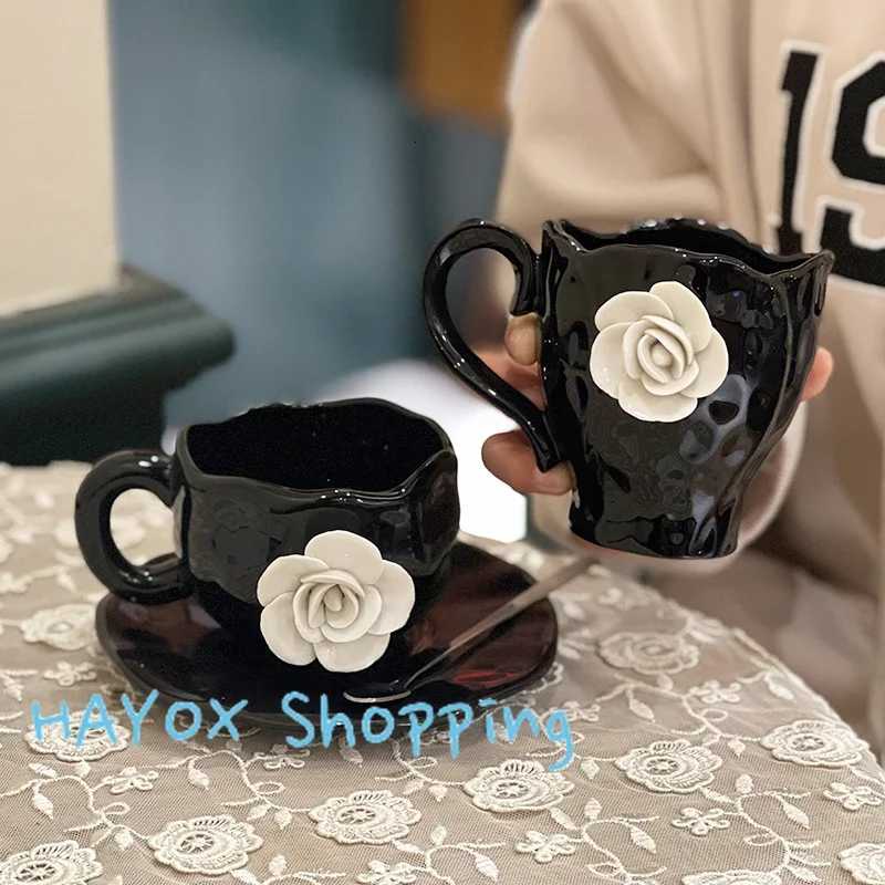 French Camellia Ceramic Coffee Mugs 3D White Rose Breakfast Milk Cup Coffee Cup Saucer Set High Quality Kitchen DrinkwareT260304