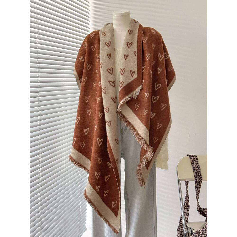 Women & Men Winter Warm Scarf Delicate Love Pattern Faux Cashmere Irregular Cut Double-Sided Neckerchief for Cold Days XJ260304