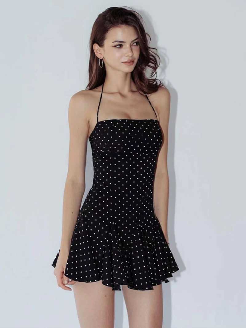 Y2K BlaCK Polka Dot Halter Dress Women Slim Fit Ruffle Hem Mini Party Dress M260304