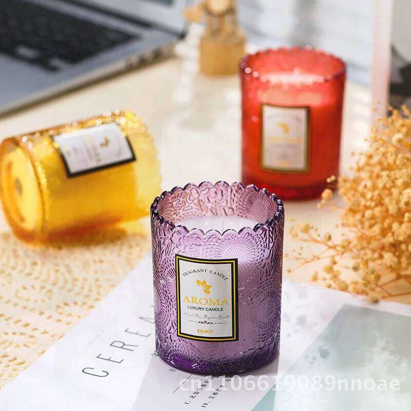 Lace Embossed Soy Wax Scented Candle Smokeless Essential Oil Fragrance Home Gift Handcrafted Gardenia Beauty Cylindrical Glass W260304