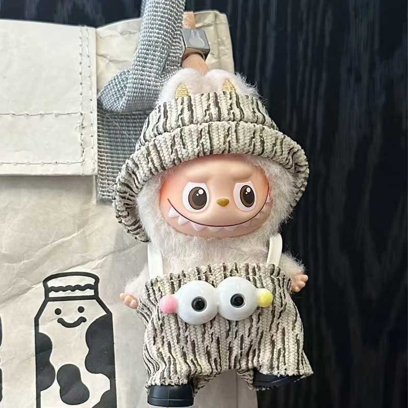 Trendy Floral Overalls Set with Bucket Hat & Hand Made Badge for 10cm Labubu Dolls Outfit AccessoriesT260304