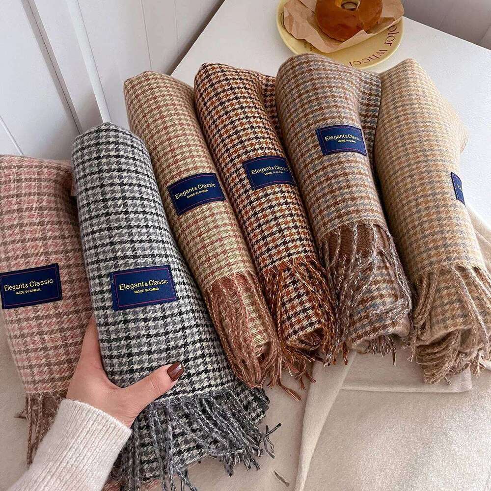 Long Thickened Warm Scarf For Women 50*200CM Tassel Pashmina Shawl Faux Cashmere Warps Autumn Winter Houndstooth Print Blanket XJ260304
