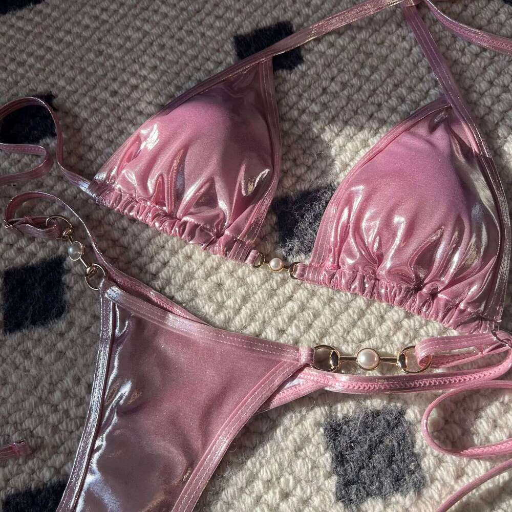 2025 New PU Faux Leather Halter Mini Thong Female Swimsuit Women Swimwear Two-pieces Bikini Set Bather Bathing Suit Swim Y260303