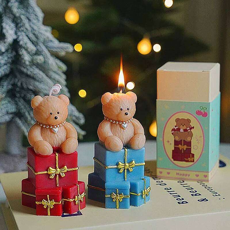 Pink Teddy Bear Scented Aesthetic Decorative Candles Home, Personalized Smokeless Candles, Gift Set for Guests W260304