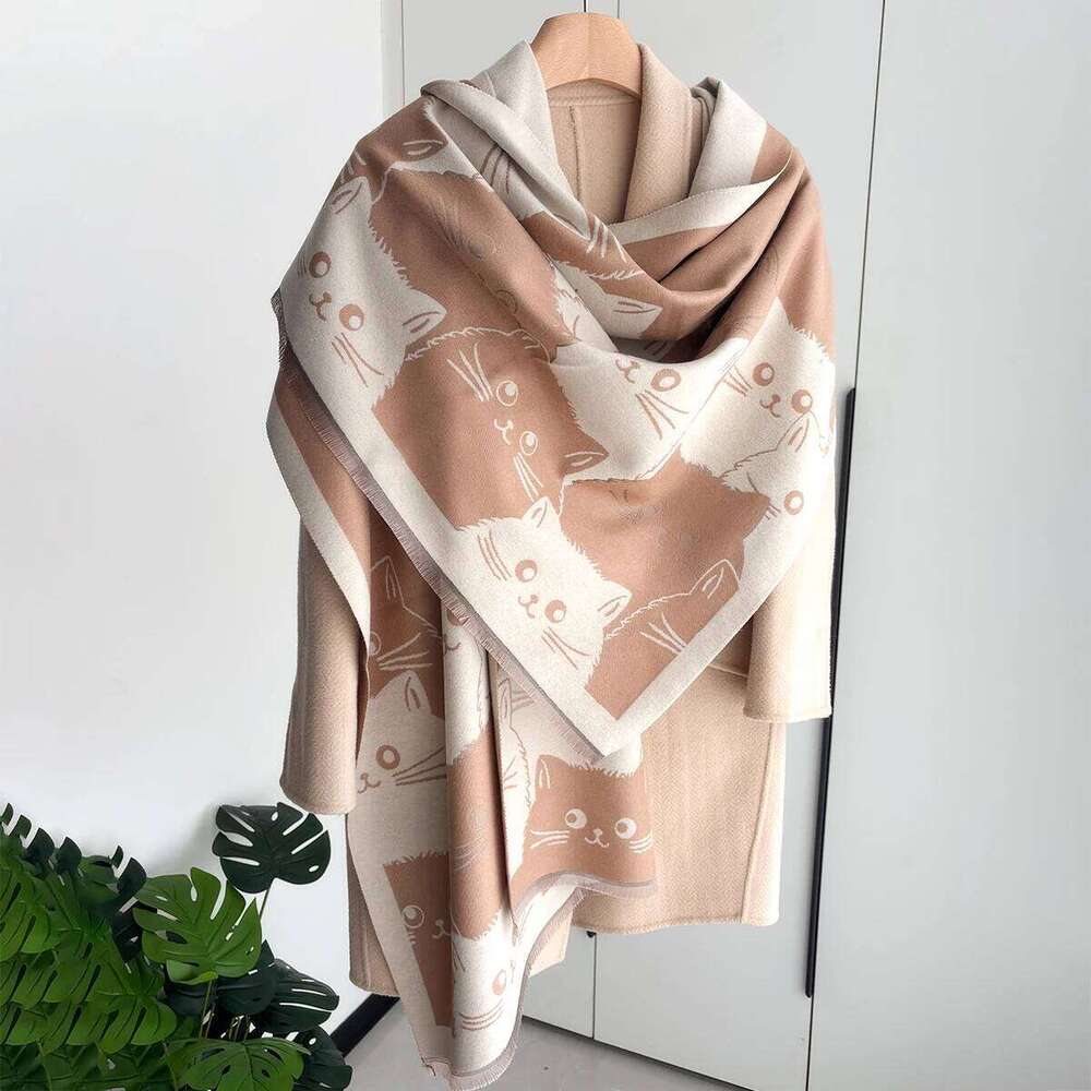 New Winter Autumn Warm Scarf Women Imitation Cashmere Cotton Cat Print Shawl For Ladies Shawls Pashmina Stoles Wraps Blanket XJ260304