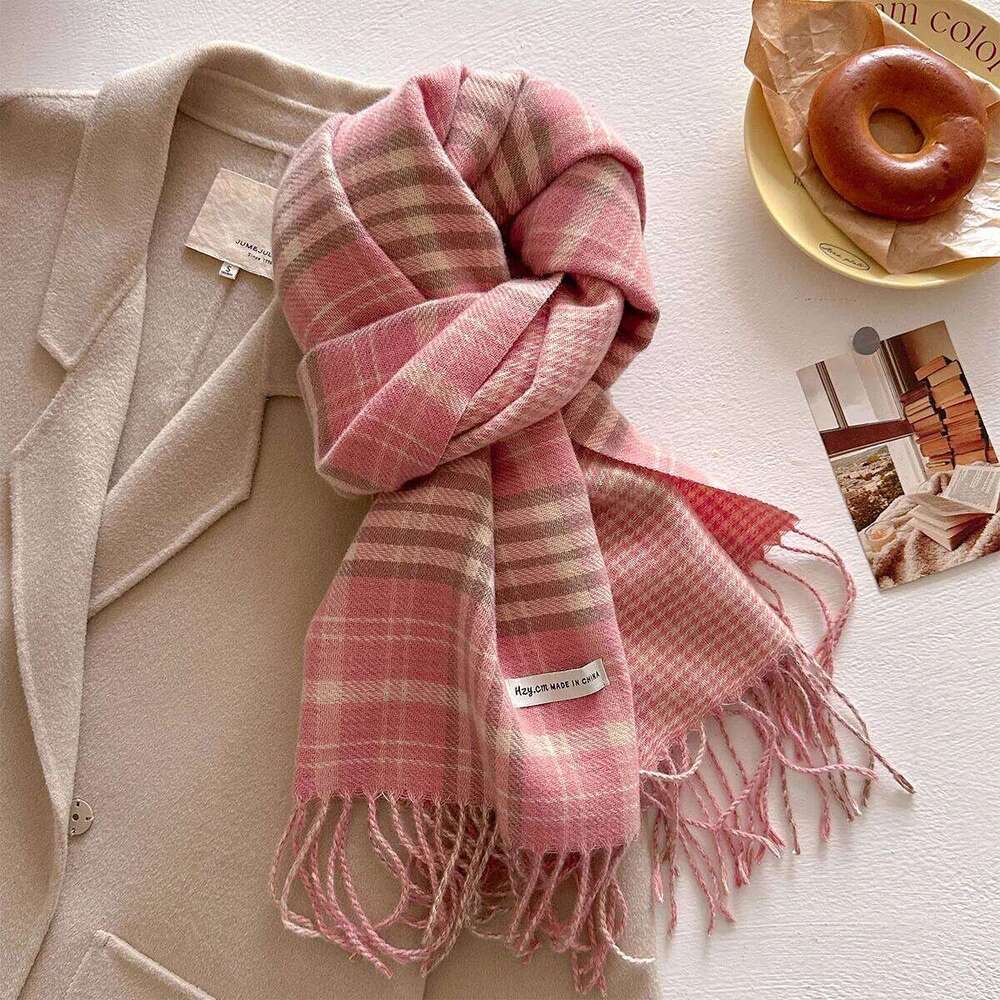 Winter Warmer Thickened Scarf For Women Plaid Print Tassel Pashmina Shawl Faux Cashmere Warps Autumn Elegant Ladies Blanket XJ260304