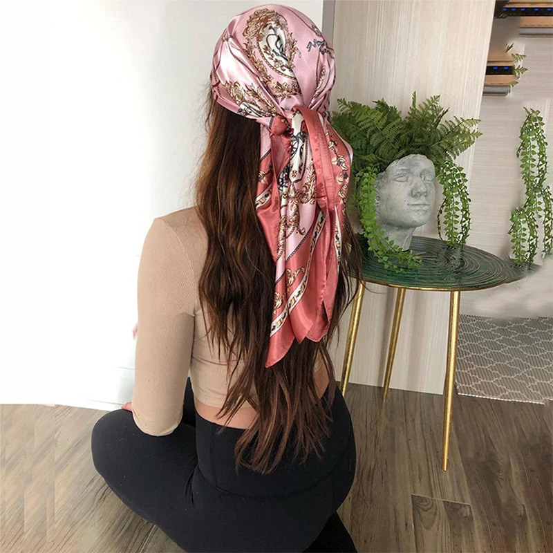 1PCS 9090cm Square Silk Scarve Hijab Shawls Fashion Print Kerchief Femme Head Scarf Foulard Bandana Beach Pareo 260302
