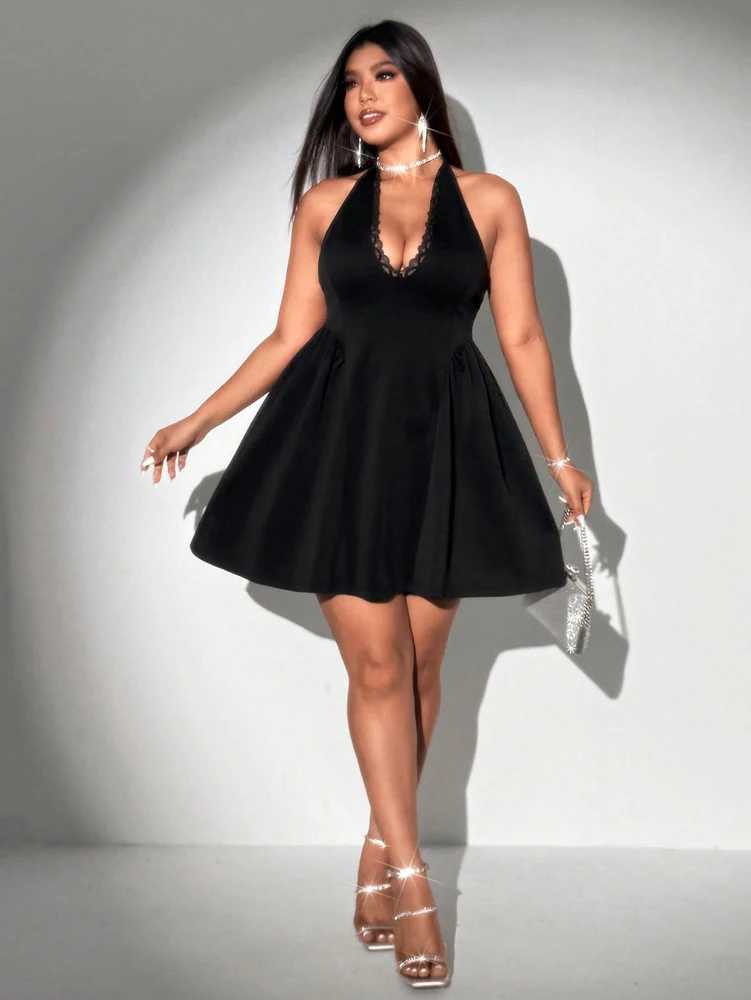 Plus Size Spring/Summer New Arrival Dress V-neck Sensual Lace-trimmed Sleeveless Puff-skirt Evening Gown Solid Colour M260304